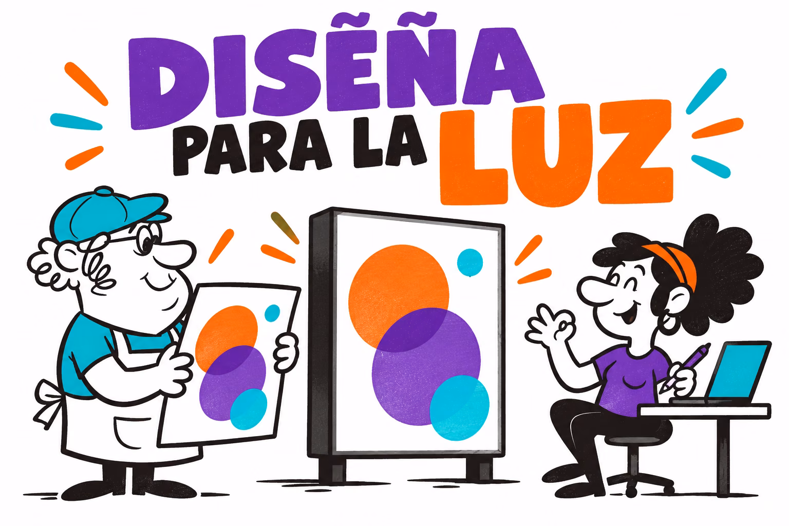 Profesionales ilustrados junto a una caja de luz conceptual con formas de color