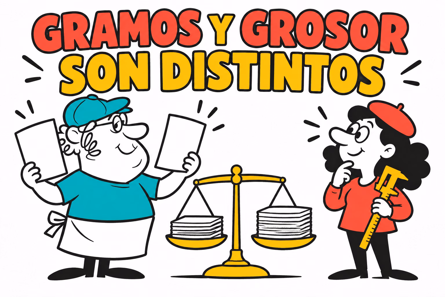 Impresor y diseñadora comparando hojas junto a una balanza y un instrumento de medida