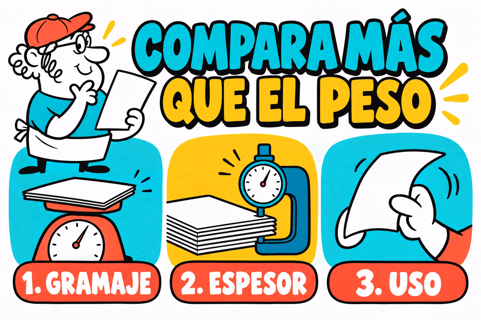 Infografía que diferencia gramaje, espesor y uso del papel