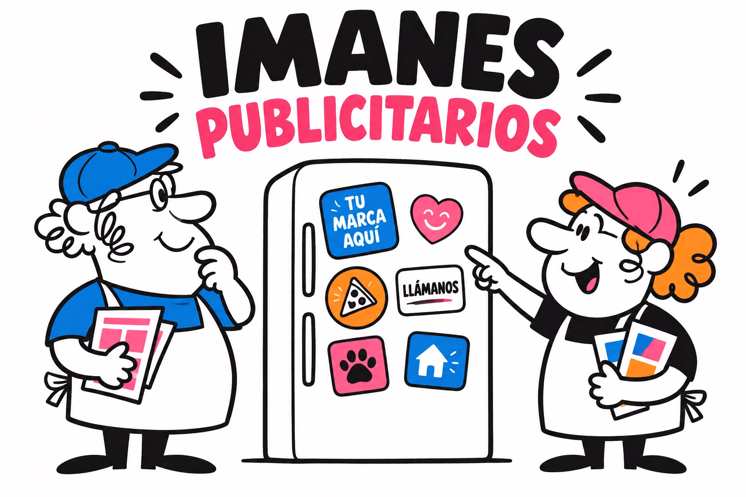 Ilustración de profesionales preparando imanes publicitarios