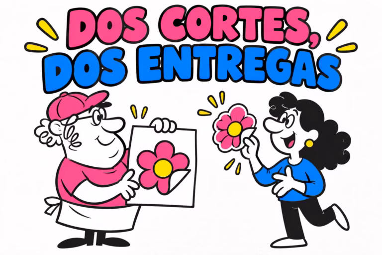 Impresor con una pegatina sobre soporte rectangular y diseñadora con una pieza recortada
