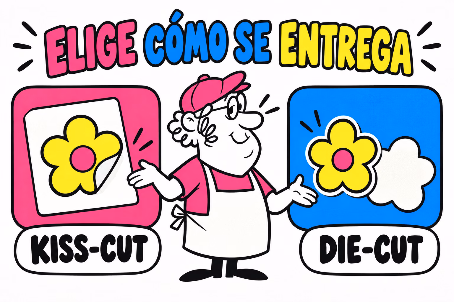 Comparativa ilustrada de kiss-cut sobre soporte y die-cut con soporte recortado