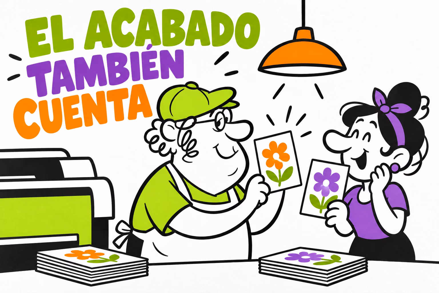 Diseñadora e impresor comparando dos tarjetas bajo una lámpara