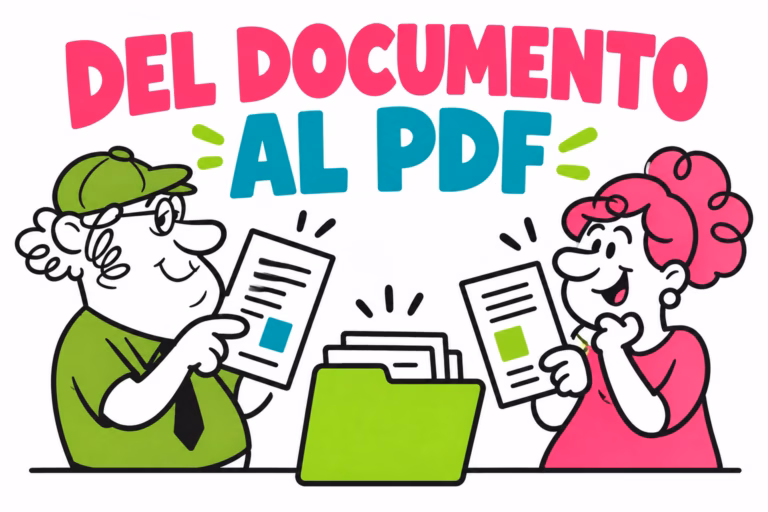 Profesionales ilustrados organizando páginas de un documento y su PDF