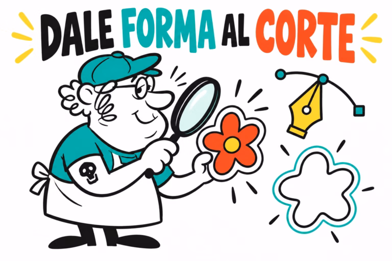 Diseñador ilustrado examinando el contorno de una pegatina con forma de flor, en turquesa, rojo y amarillo