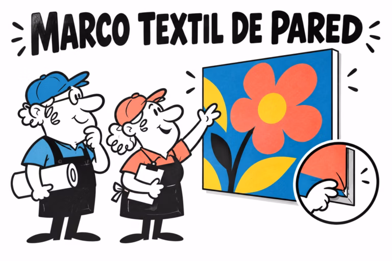 Profesionales ilustrados preparando marco textil de pared