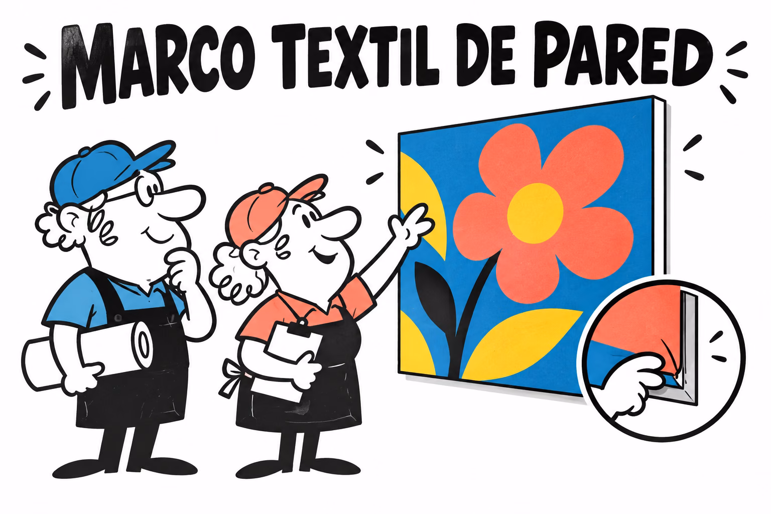 Profesionales ilustrados preparando marco textil de pared