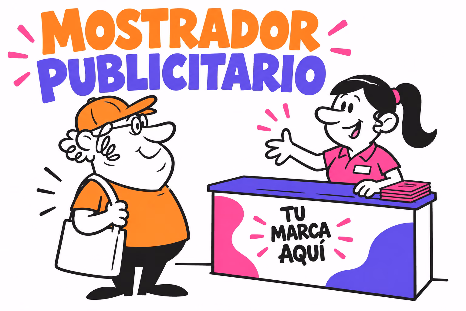 Profesionales ilustrados preparando mostrador publicitario de PVC