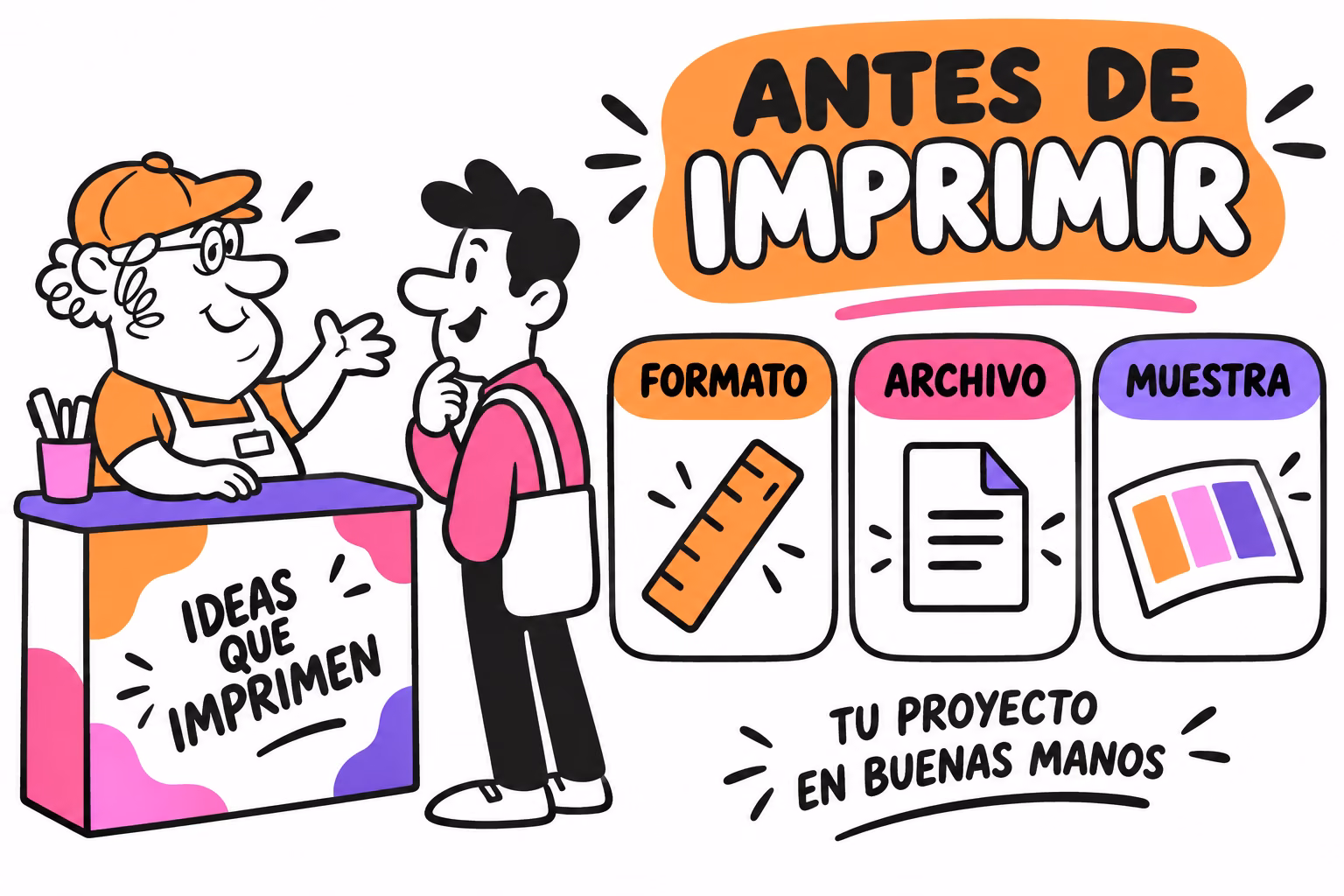 Infografía de formato, archivo y muestra para mostrador publicitario de PVC