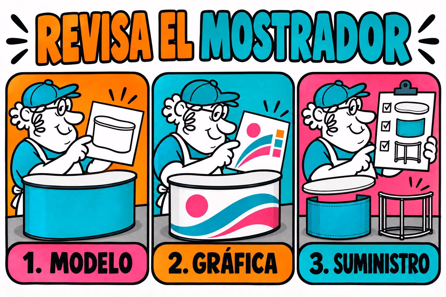 Infografía para revisar modelo, gráfica y suministro de un mostrador textil