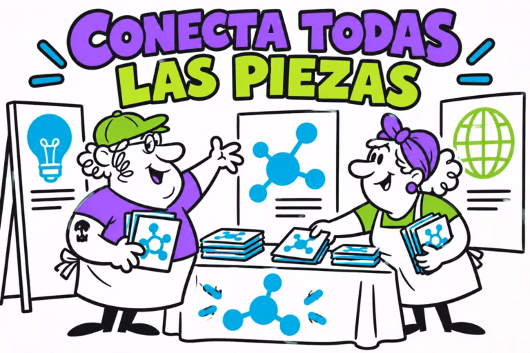 Impresores ilustrados coordinando carteles y folletos para un stand tecnológico