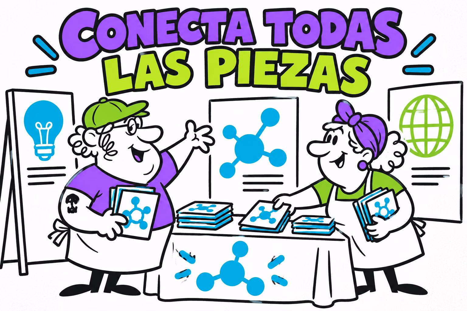 Impresores ilustrados coordinando carteles y folletos para un stand tecnológico