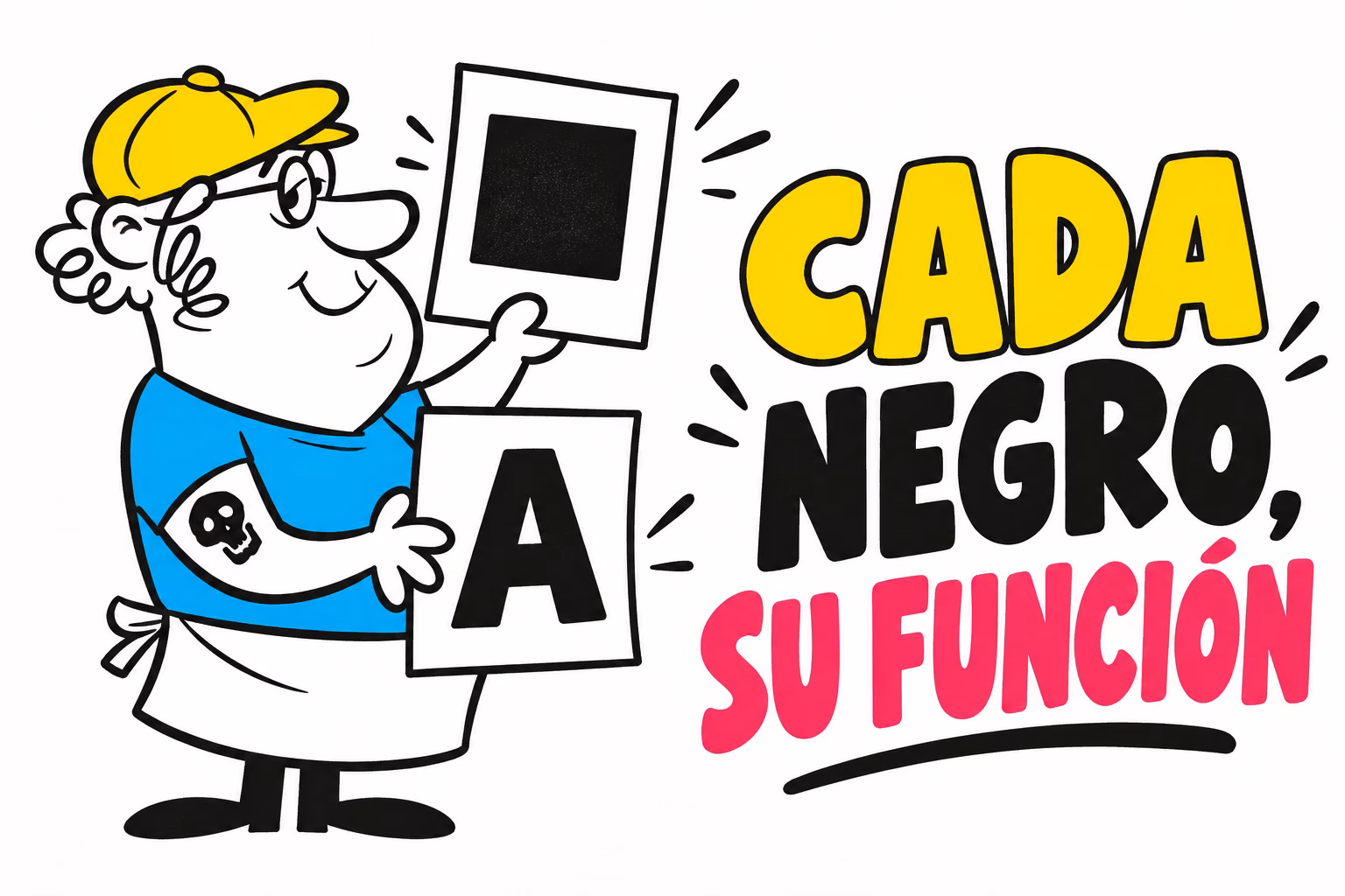 Impresor ilustrado con un bloque negro y una letra A en amarillo, cian y rosa
