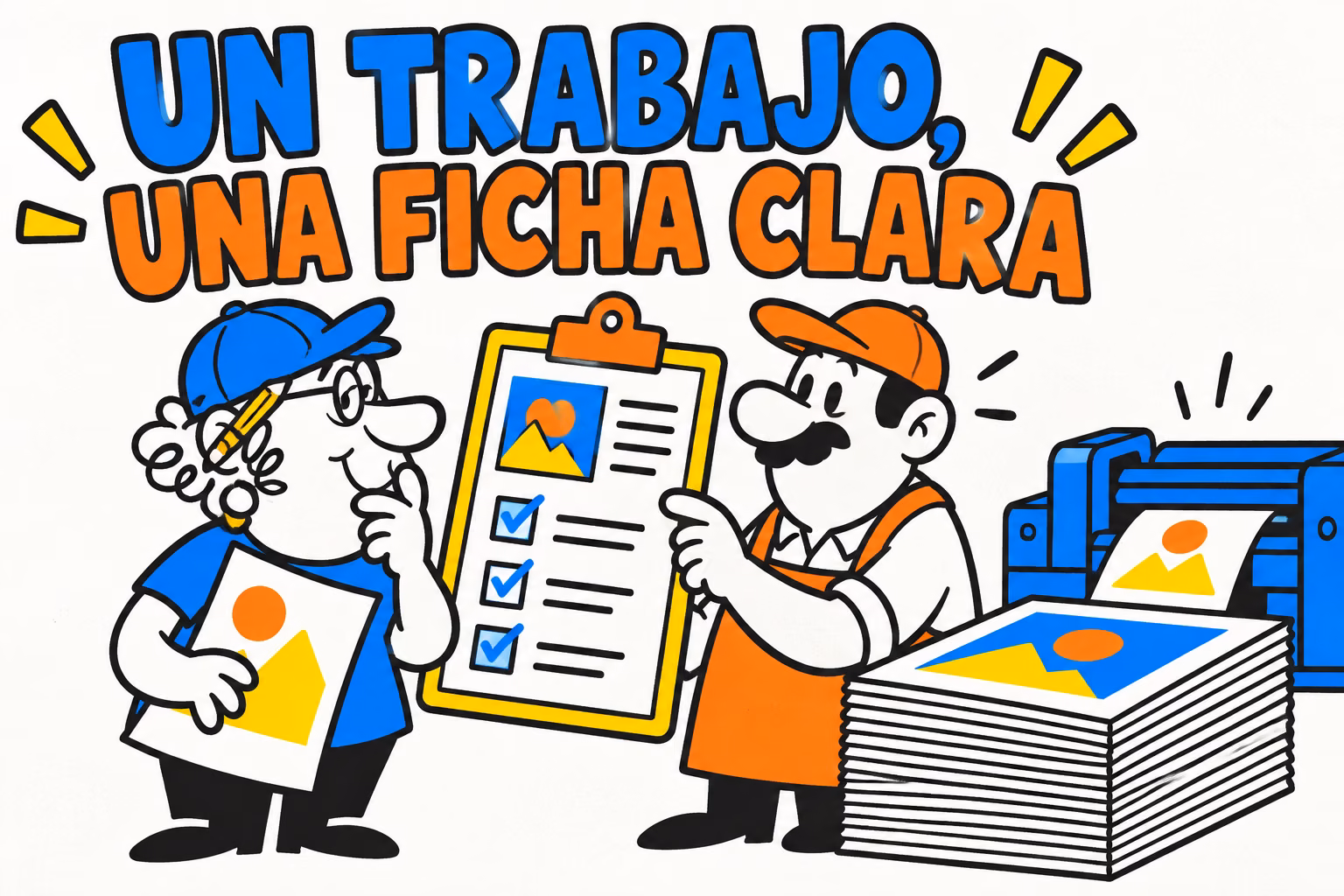 Impresor y diseñadora ilustrados preparando orden de producción de impresión