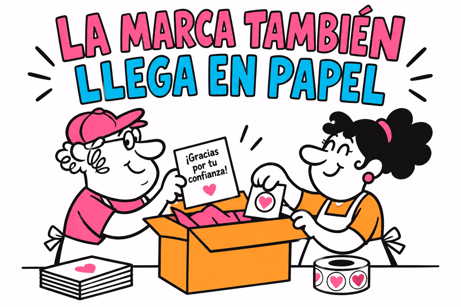 Impresor y diseñadora ilustrados preparando packaging para shopify