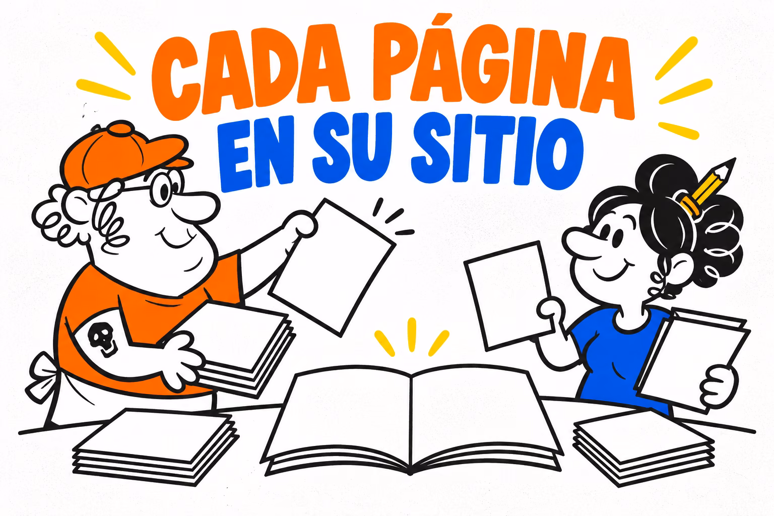 Impresor y diseñadora organizando páginas sueltas junto a un folleto abierto