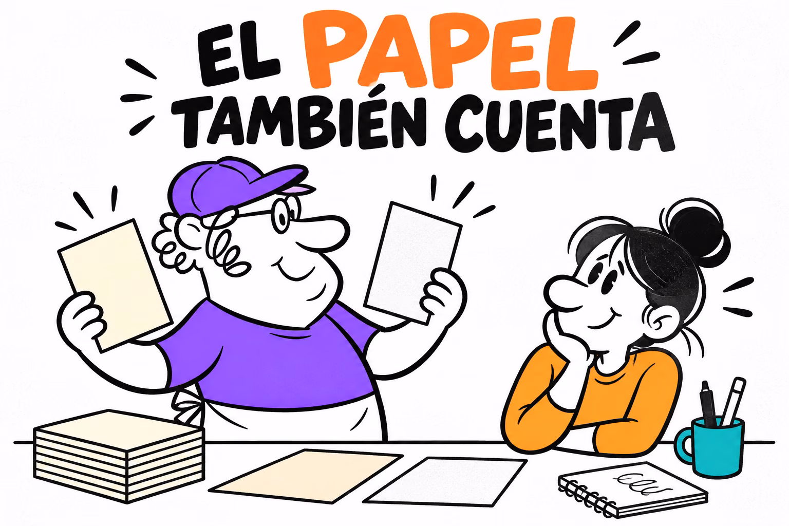 Diseñadora e impresor ilustrados comparando referencias y hojas de papel