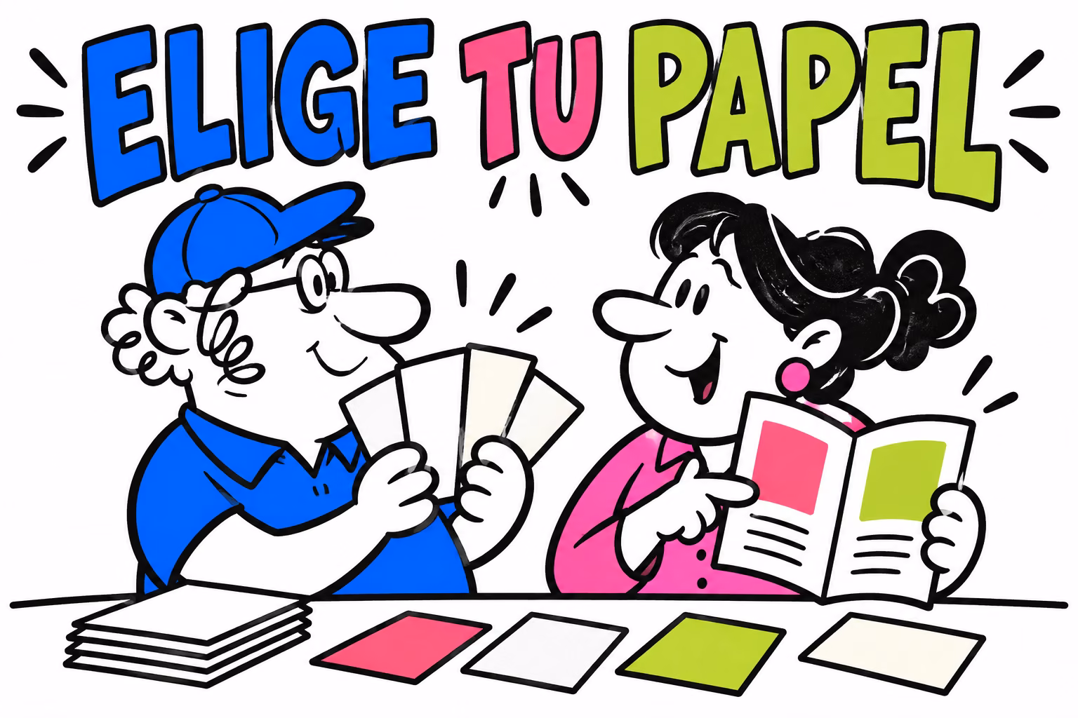 Profesionales ilustrados revisando un trabajo: papel estucado no estucado