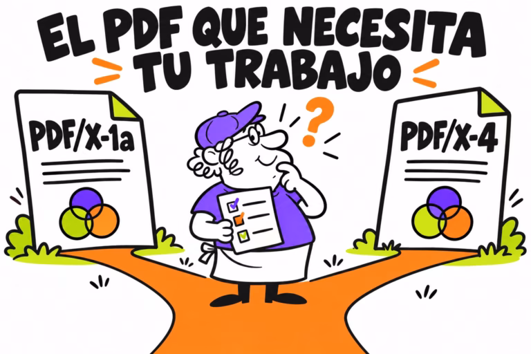 Diseñador ilustrado entre documentos PDF/X-1a y PDF/X-4 en violeta, lima y naranja