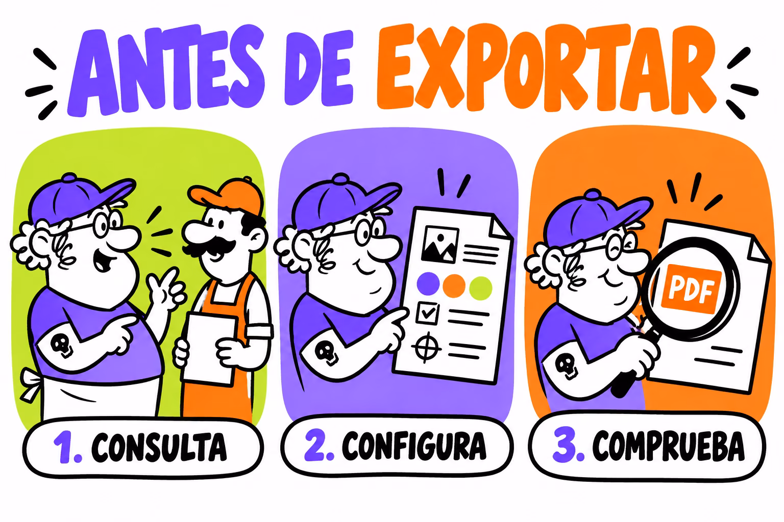 Infografía de consulta, configuración y comprobación de la exportación PDF