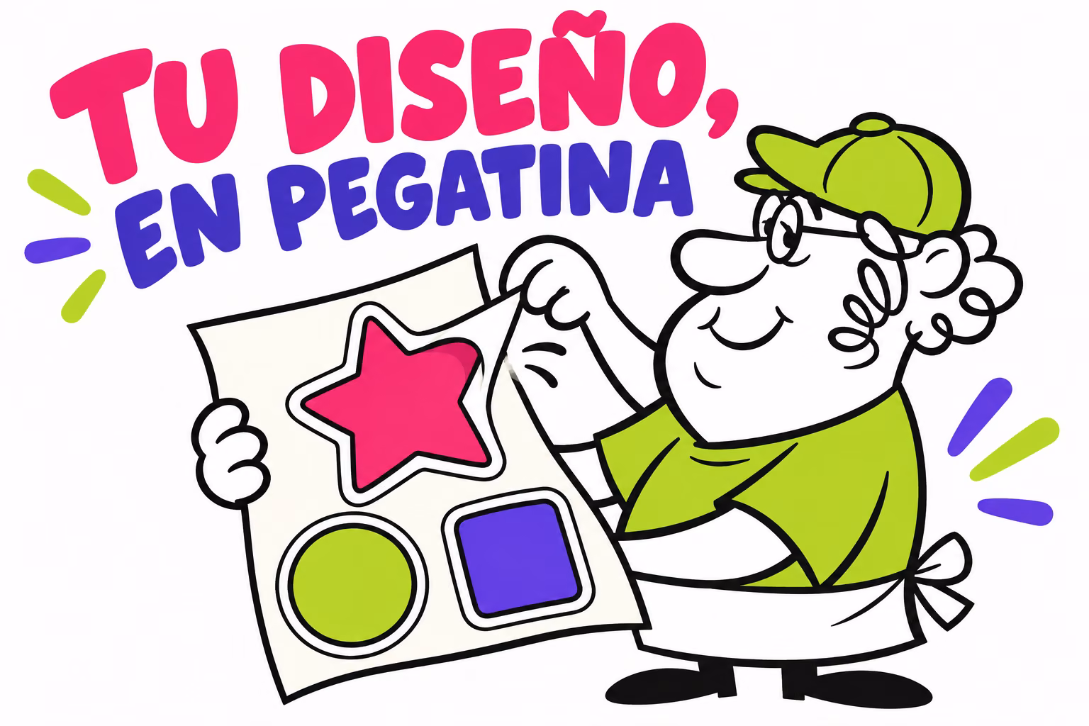 Diseñador ilustrado despegando una pegatina con forma de estrella en una paleta magenta, lima y violeta