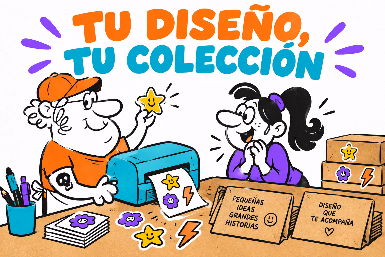 Diseñadora e impresor ilustrados preparando una colección original de pegatinas