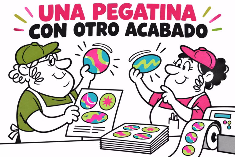 Impresor y diseñadora ilustrados revisando diseños redondos y una ficha de acabado
