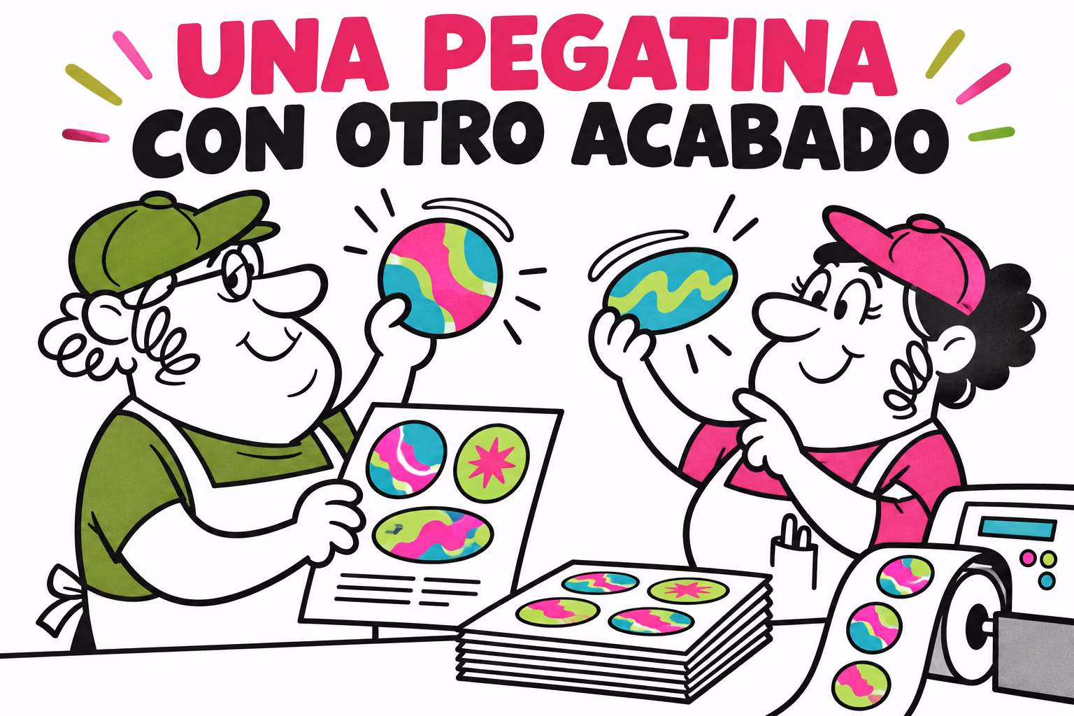 Impresor y diseñadora ilustrados revisando diseños redondos y una ficha de acabado