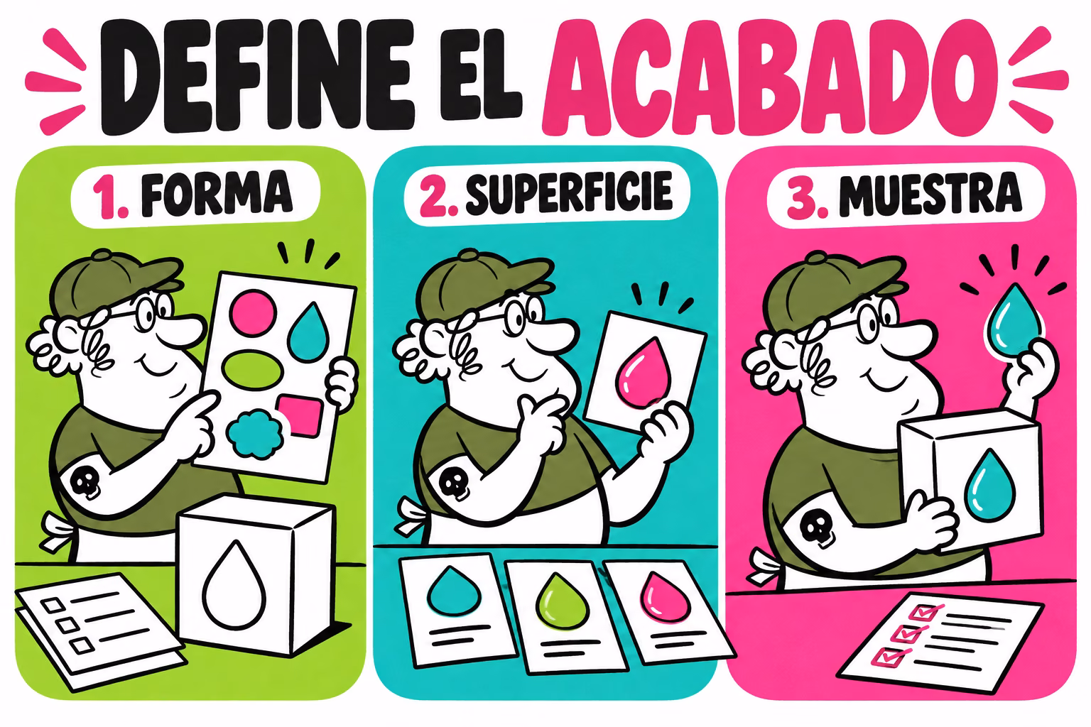 Infografía de forma, superficie y muestra para preparar pegatinas con resina