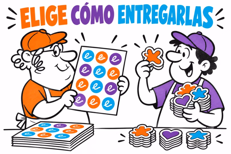 Profesionales ilustrados comparando una hoja de pegatinas con piezas individuales