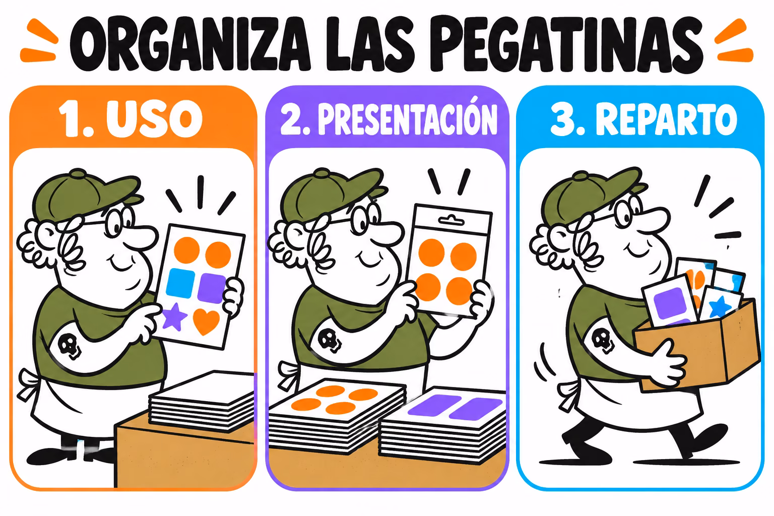 Infografía de uso, presentación y reparto de un pedido de pegatinas
