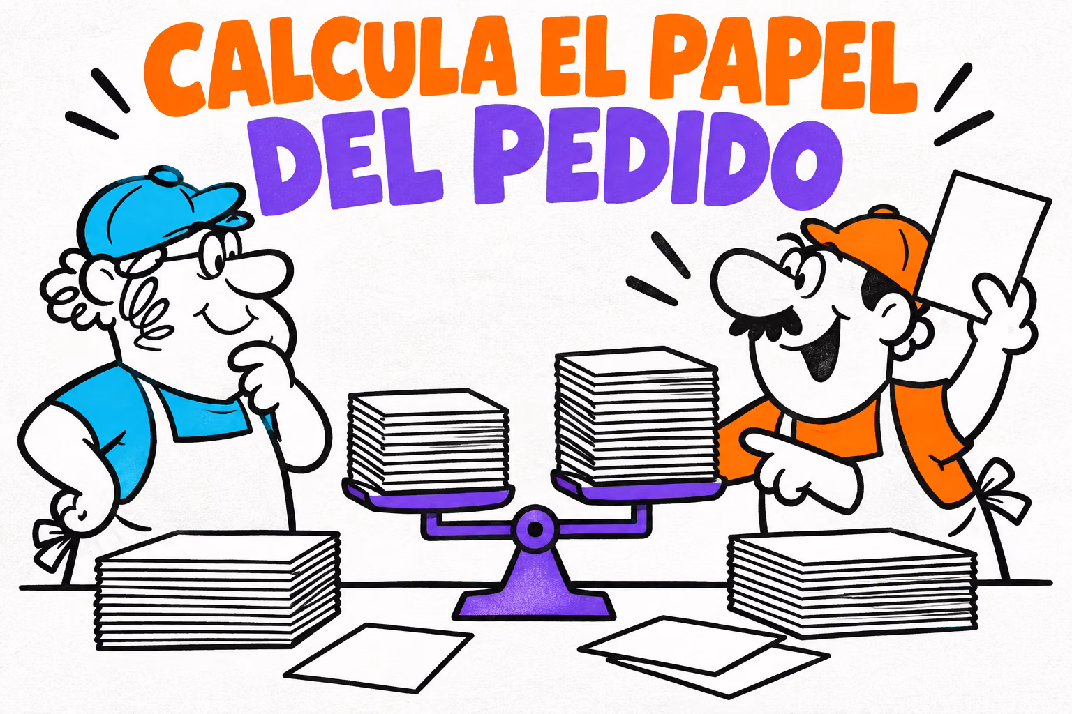 Impresores ilustrados revisando pilas de papel y una báscula conceptual