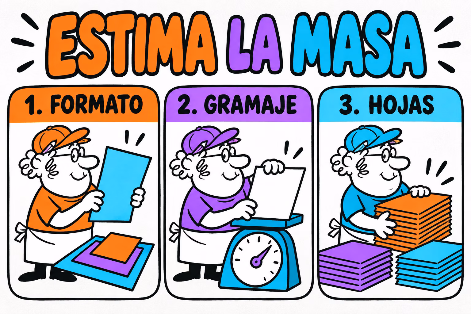 Infografía de formato, gramaje y hojas para estimar la masa del papel