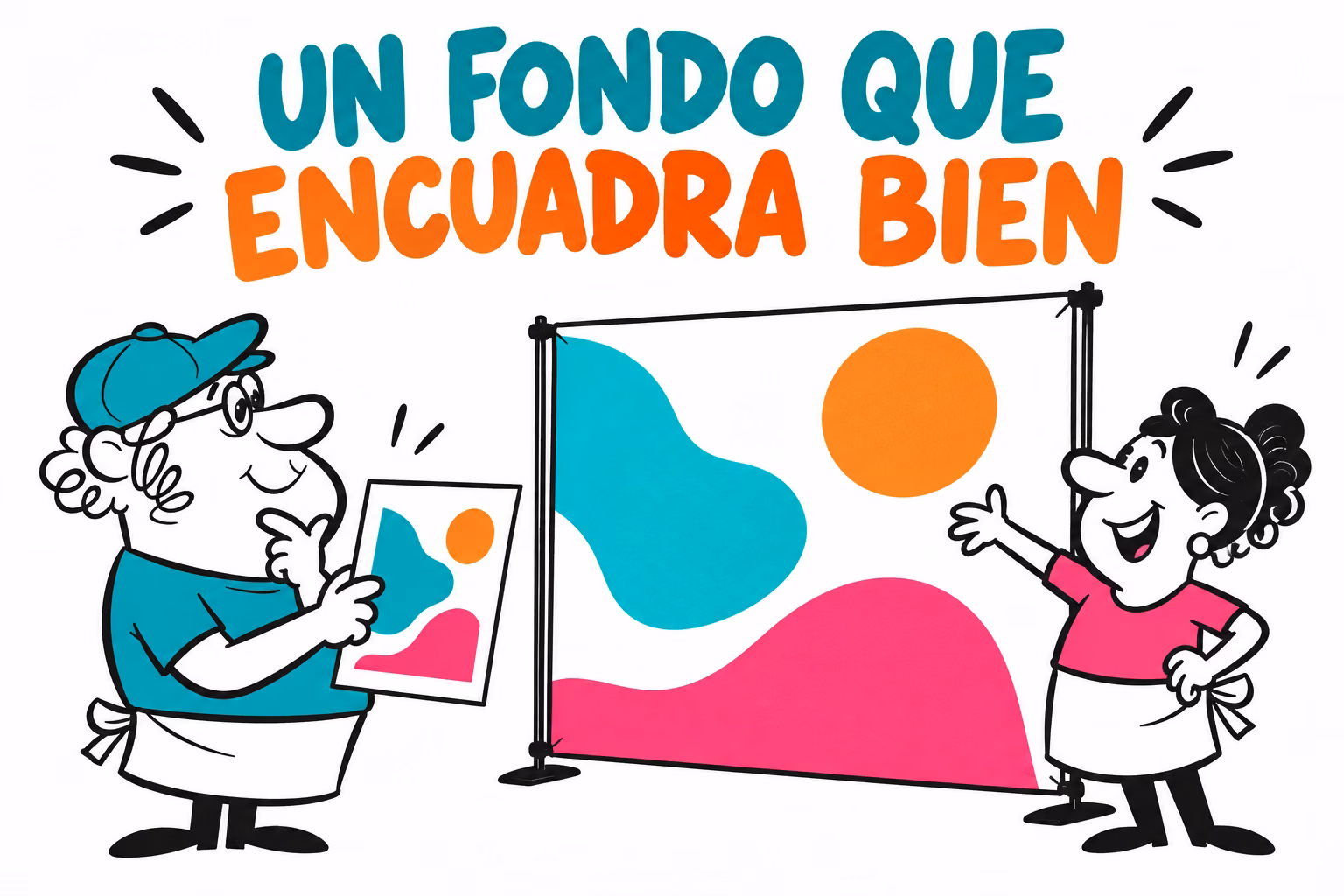 Dos profesionales ilustrados revisando un fondo de evento y su diseño en papel