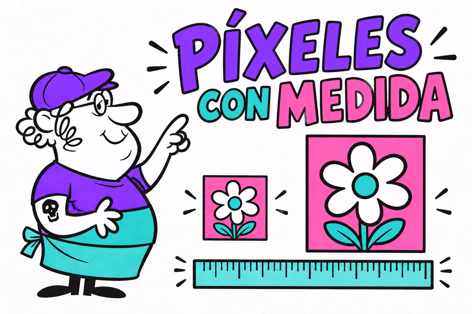 Impresor ilustrado comparando una imagen pequeña y otra ampliada junto a una regla