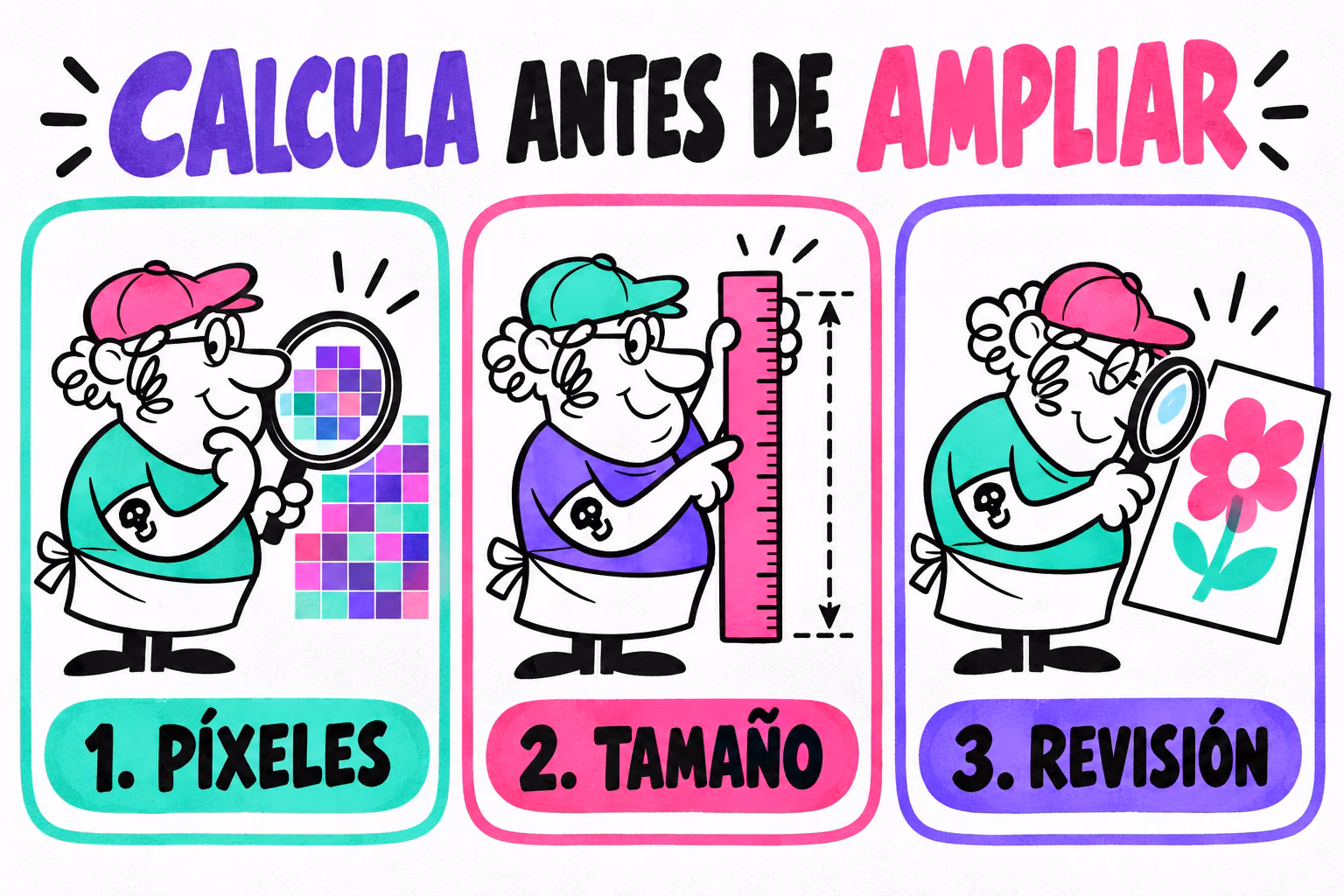 Infografía de píxeles, tamaño físico y revisión de imagen