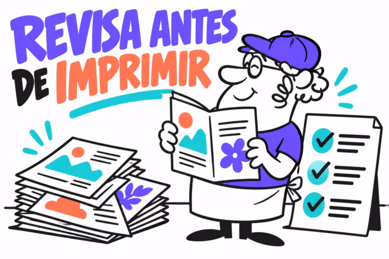Diseñador ilustrado revisando un catálogo con una checklist, en violeta, coral y aqua