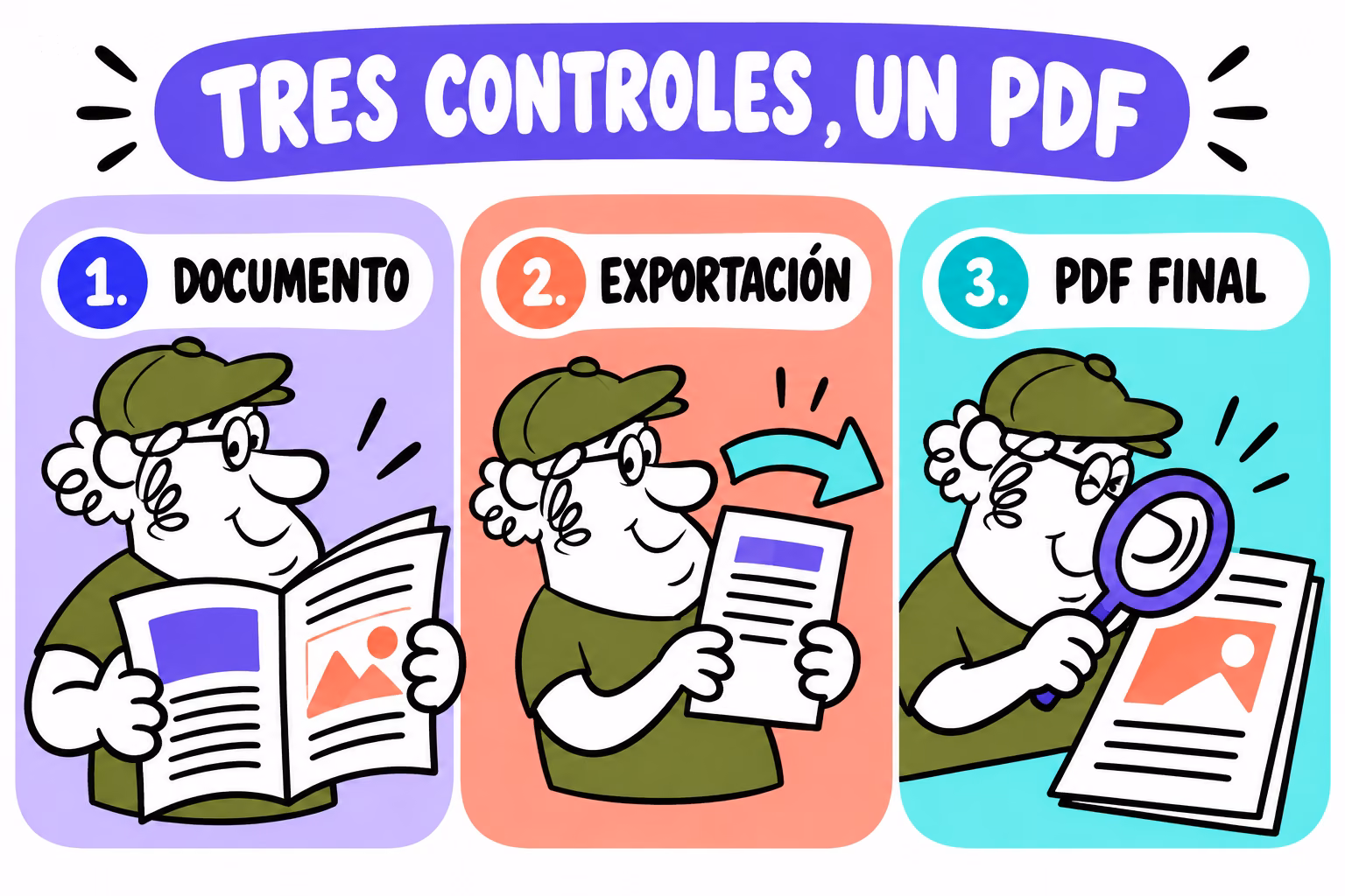 Infografía con tres controles del catálogo: documento, exportación y PDF final