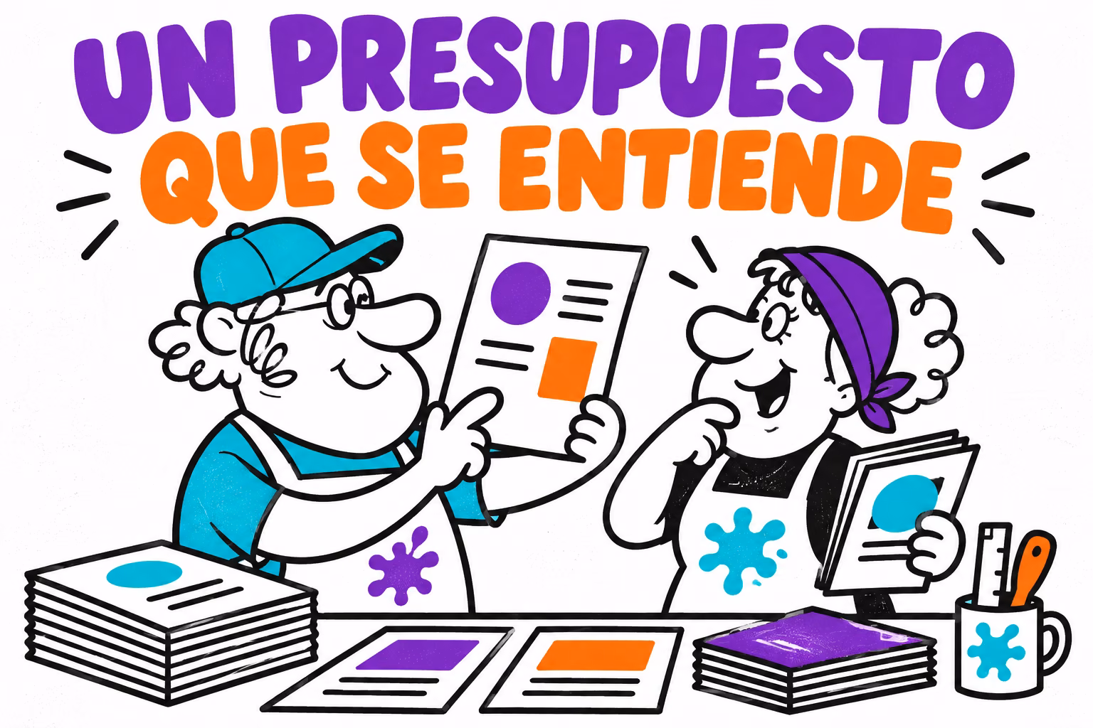 Profesionales ilustrados revisando una propuesta y productos impresos