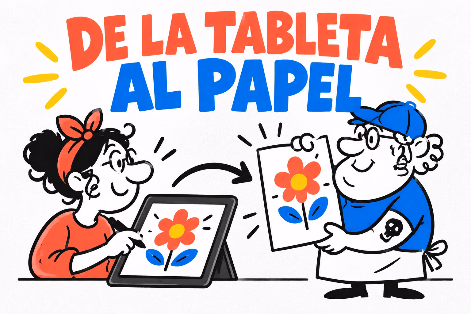 Artista con tableta e impresor comparando una ilustración con su salida en papel