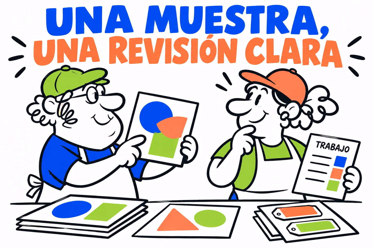 Dos impresores ilustrados comparando muestras conceptuales con una ficha de revisión