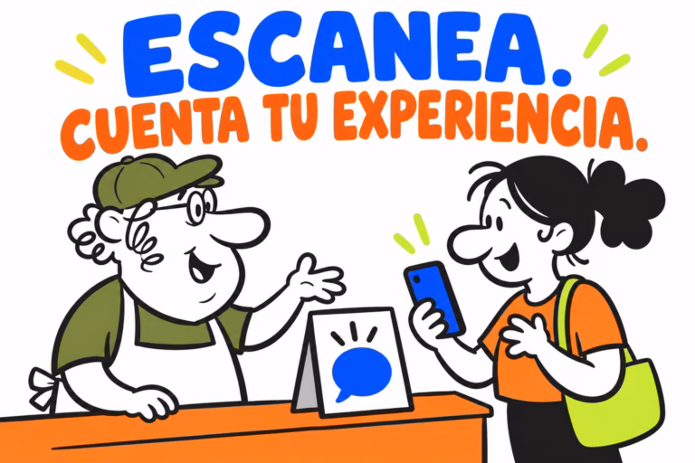 Comerciante y cliente ilustrados junto a un cartel conceptual, en azul, naranja y lima