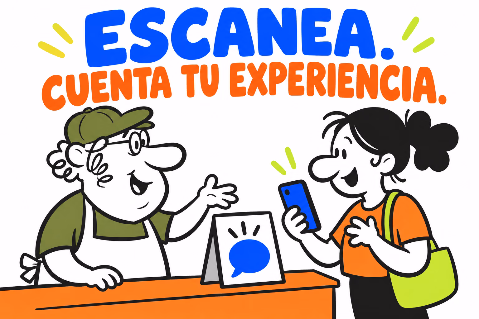 Comerciante y cliente ilustrados junto a un cartel conceptual, en azul, naranja y lima