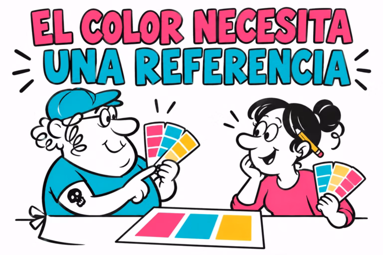 Diseñadora e impresor comparando abanicos de color genéricos y una hoja impresa