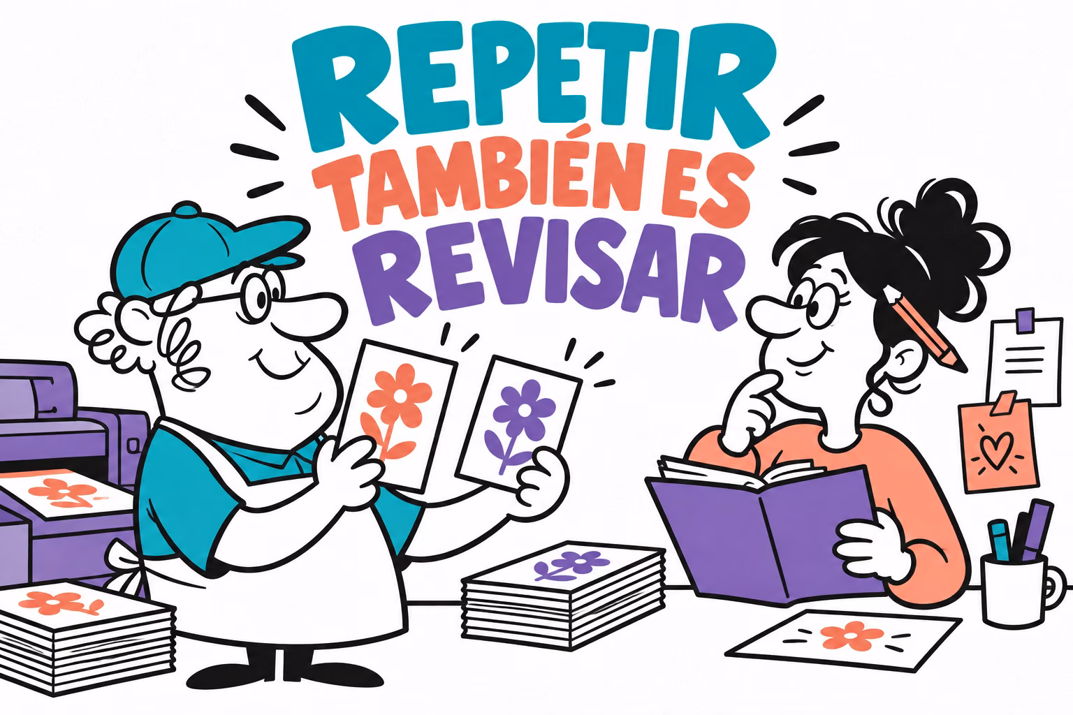 Impresor y diseñadora ilustrados preparando reposición de impresión