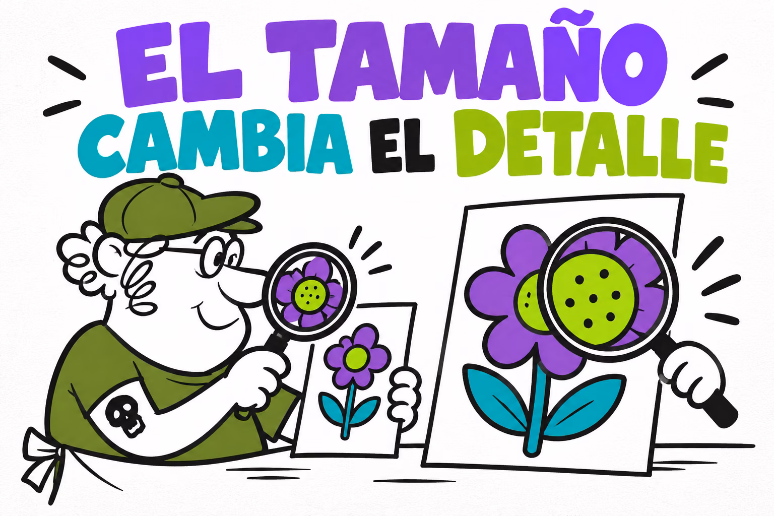 Impresor con lupa comparando una ilustración pequeña y una ampliada