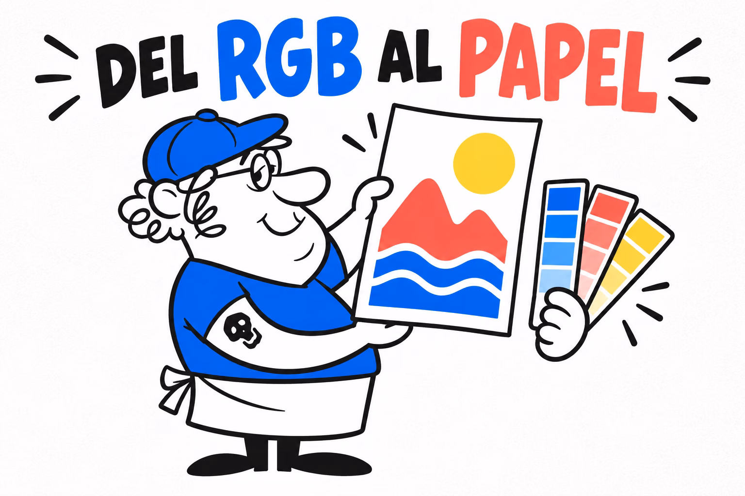 Diseñador ilustrado comparando un archivo y una pieza impresa en azul, coral y amarillo