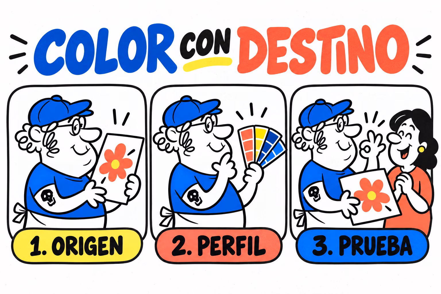 Infografía de origen, perfil y prueba para convertir RGB a CMYK