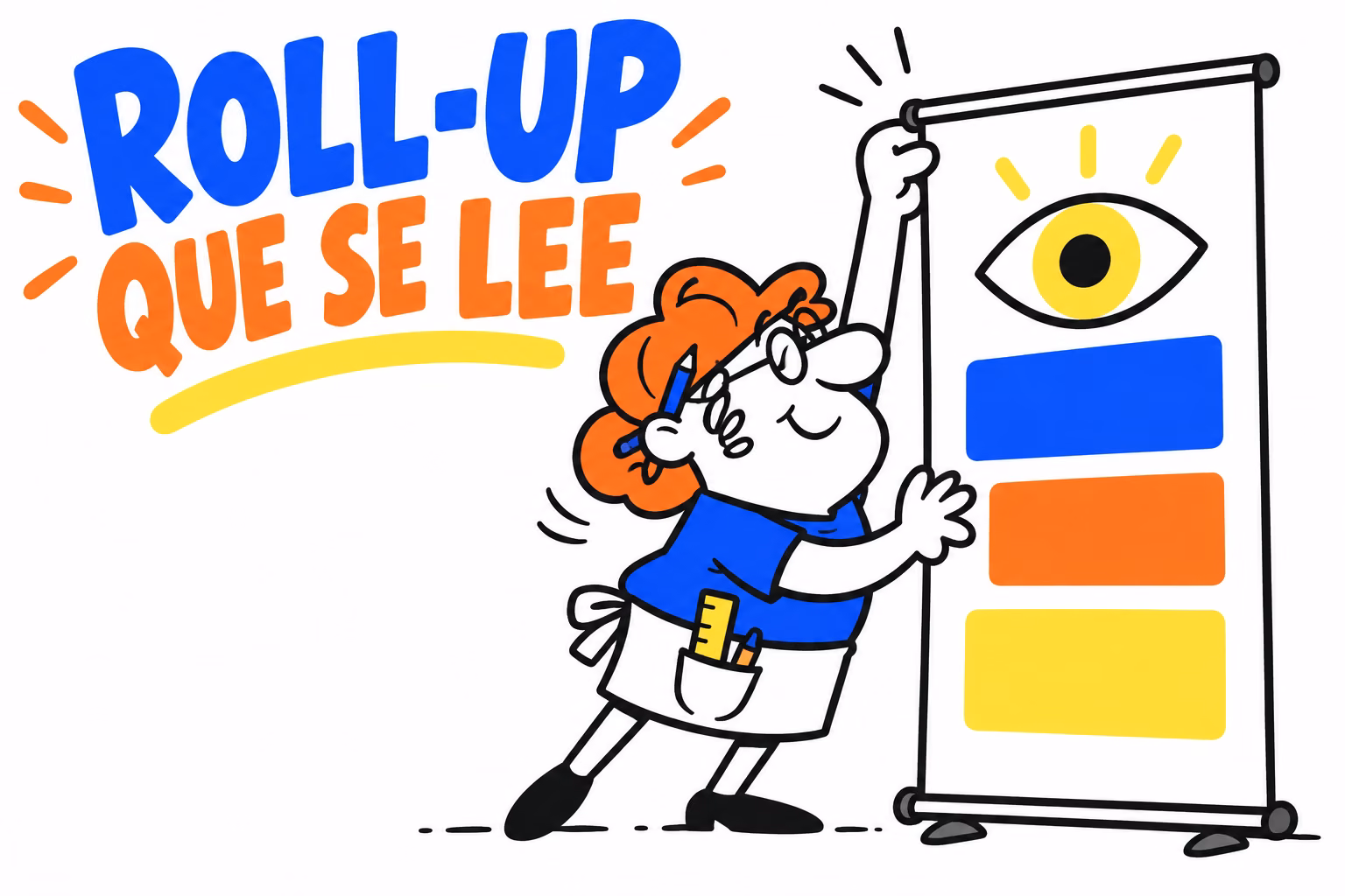 Diseñadora ilustrada organizando un roll-up, con formas azules, naranjas y amarillas