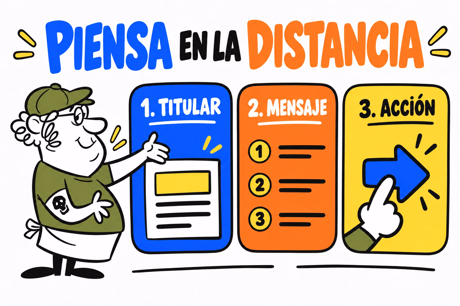Infografía con los tres niveles de lectura de un roll-up: titular, mensaje y acción